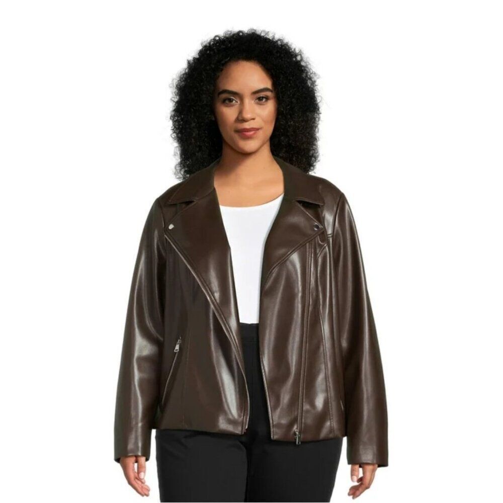 Time And Tru Women Brown Asymmetrical Full Front Zip Faux Leather Jacket Size 2X